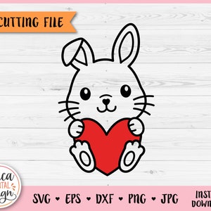 Lapin avec coeur SVG mignon bébé lapin contour coupe fichier Cricut Silhouette Woodland forêt animal Kids Valentine Baby shower gravure au Laser