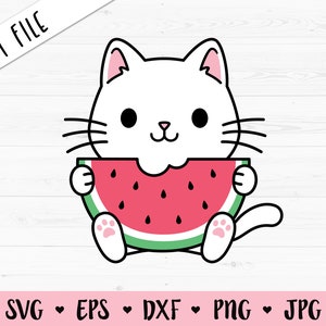 Chat avec Watermelon SVG Chat mignon mangeant pastèque couches fichier coupé Bonjour Summer Beach Vacation Silhouette Cricut Vinyl Iron sur Kid shirt