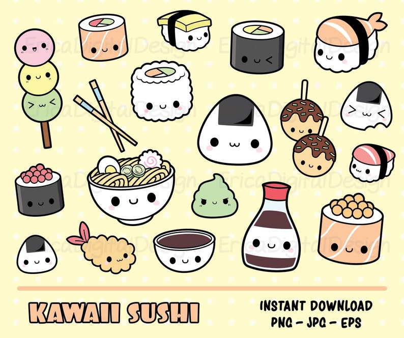 Sushi kawaii Clipart Bundle Cute sushi clip art Onigiri Nigiri Maki Ramen Noodles Soy sauce Japanese food Rolls Printable Planner Stickers 