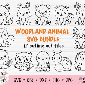 Contorno de animais da floresta Arquivo de corte SVG Cricut Silhueta Floresta Raposa Coelho Urso Skunk Veado Esquilo Guaxinim Castor Coruja Tartaruga Caracol Ouriço