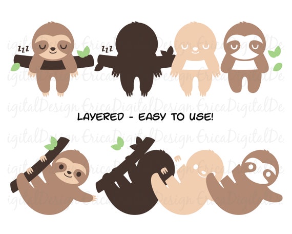 Cute Sloth Svg Layered Cut File Kawaii Baby Sloth Cutting File Etsy