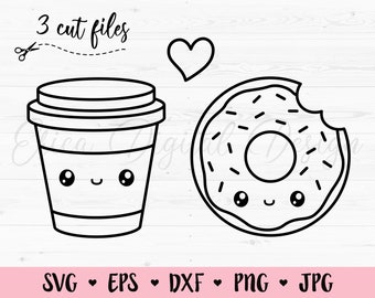Tasse à café & Donut SVG fichier coupé Kawaii food Amateur de café Perfect Match Amitié Meilleur ami Valentine Silhouette Cricut Vinyl Decal Shirt