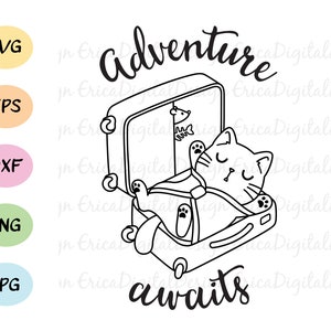 Aventura espera SVG lindo gato viaje amor corte archivo Funny cats Wanderlust archivo de corte Silhouette Cricut vinilo calcomanía grabado en madera