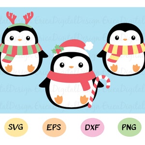 Kerst pinguïns SVG gesneden bestand Kawaii santa hoed pinguïn Winter vector snijden bestand EPS Dxf Silhouet Cricut SCAL Snijmachines Vinyl