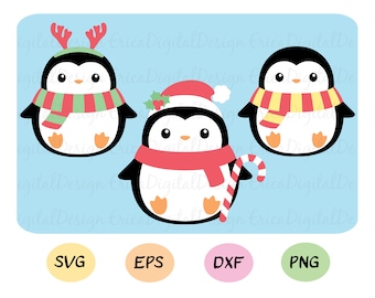 Christmas penguins SVG cut file Kawaii santa hat penguin Winter vector cutting file EPS Dxf Silhouette Cricut SCAL Cutting machines Vinyl
