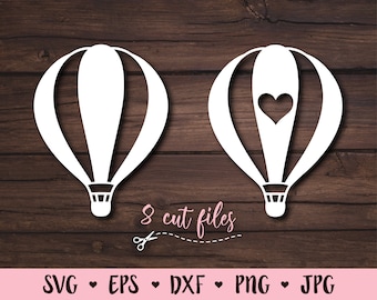 May include: Two white hot air balloon cut files, one with a heart cutout in the center.  The text "8 cut files" is below the balloons.