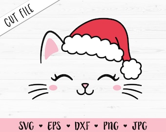 Noël Chat Visage SVG Chaton moustaches coupé fichier Mignon Kitty Cils Bébé tête de chat Kawaii Fille Silhouette Cricut Vinyle Chemise Body Fer