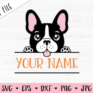Francés Bulldog SVG Divertido bebé perro corte archivo Peeking Frenchie Puppy Lindo Boston Terrier Niños Nombre Marco Etiqueta Monogram Silhouette Cricut Vinilo