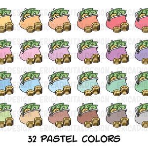 May include: 32 pastel colored illustrations of a closed purse with money inside. Each purse has a different pastel color and is surrounded by gold coins.