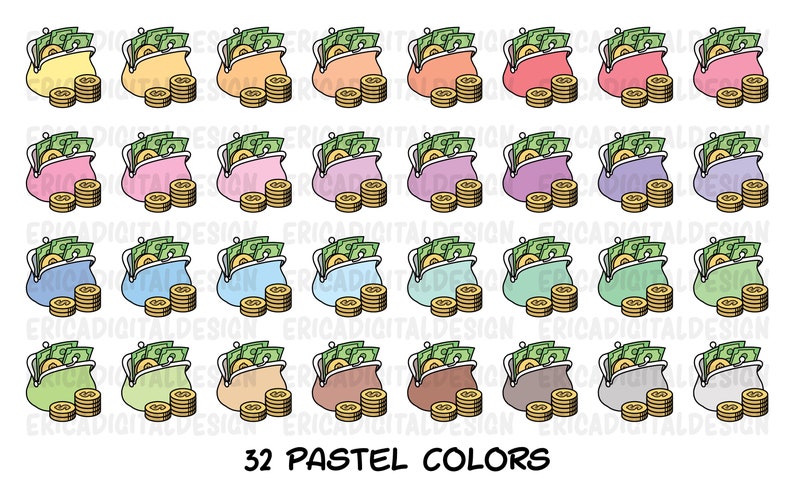 May include: 32 pastel colored illustrations of a closed purse with money inside. Each purse has a different pastel color and is surrounded by gold coins.