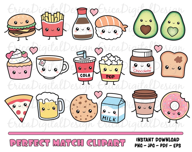 Perfect match kawaii clipart set Cute food clip art Friendship Best Friend Love Valentine Funny vector graphics Sweet Planner printables image 1