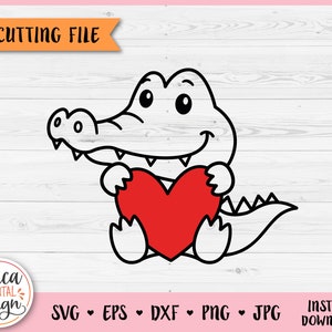 Alligator with heart SVG Cute baby crocodile outline cut file Cricut Silhouette Reptile Jungle Safari Zoo African Animal Kid Laser engraving