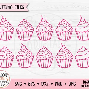 Cupcake Contour SVG Mignon Cupcake fichier de découpe Anniversaire Chemise Sweet Girl Boulangerie Silhouette Cricut Vinyle Saint-Valentin Bois Gravure au laser