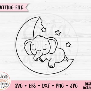 Baby Elephant SVG Sleeping Elephant Moon Outline cut file Baby Boy Girl Bodysuit Nursery Silhouette Cricut Vinyl Decal Wood Incisione laser