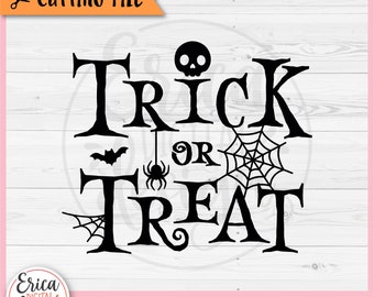 May include: Black and white graphic design of the text "Trick or Treat" with a skull, spider, bat, and spider web.