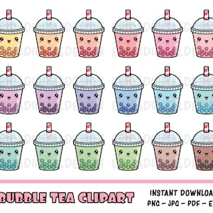 Set di clipart kawaii Bubble tea ClipArt di Bubble tea carino Clipart di tè Boba Adesivi pianificabili stampabili Grafica vettoriale divertente Download immediato