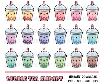 Bubble tea kawaii clipart set Lindo Bubble tea clip art Boba tea cliparts Imprimible planificador pegatinas Gráficos vectoriales divertidos Descarga instantánea