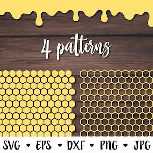 May include: Four honeycomb patterns on a wood background with dripping honey at the top. The text "4 patterns" is written in white on the wood. The text "SVG ♥ EPS ♥ DXF ♥ PNG ♥ JPG" is written in black at the bottom.