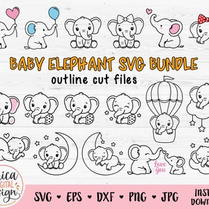 Baby elephant SVG Bundle Outline cut files for Cricut Silhouette Baby Shower Girl Boy Shirt Bodysuit Pregnancy PNG Incisione laser Glowforge