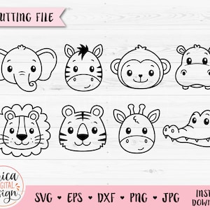 Safari animal rostros contorno SVG Selva africana animal cortado archivo Cricut Silueta Elefante León Tigre Hippo Jirafa Cebra Mono Caimán