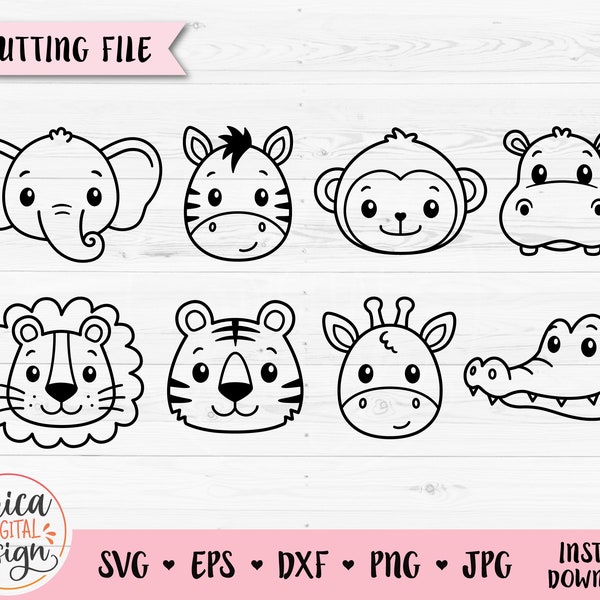 Safari animal faces outline SVG African jungle animal cut file Cricut Silhouette Elephant Lion Tiger Hippo Giraffe Zebra Monkey Alligator