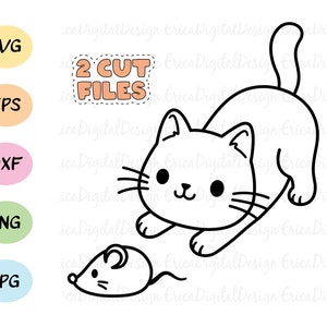 Arquivo de corte SVG de contorno de gato fofo Arquivo de corte de rato de gato Kawaii Kitty selo digital Engraçado animal vetor EPS DXF Silhueta Cricut Decal Vinil