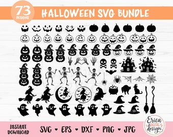 May include: A set of 73 Halloween SVG designs, featuring black silhouettes of pumpkins, ghosts, witches, bats, spiders, skeletons, and more. The designs are perfect for creating Halloween crafts, decorations, and party supplies.