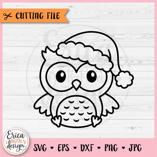 Hibou contour SVG Noël Hibou coupé fichier Cricut Silhouette Hibou mignon avec chapeau de Père Noël Woodland Animal Baby Christmas Shirt Vinyl Laser Gravure