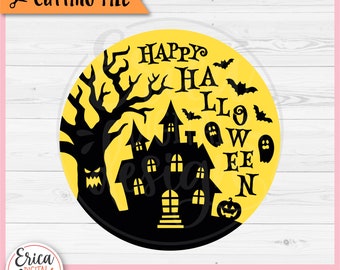 Happy Halloween Round Sign SVG cut file Cricut Silhouette Haunted House Spooky Door Hanger Halloween Welcome Door Sign Halloween Home Decor