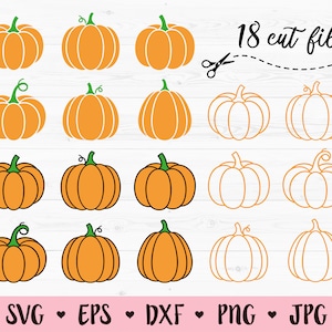 May include: 18 cut files of orange pumpkins with green stems. The pumpkins are in various sizes and shapes. The text "18 cut files" is at the top of the image.