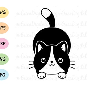 Schattige kat Silhouette SVG gesneden bestand Kawaii katten Zwart wit sticker snijden bestand Kitty digitale stempel Grappig dier vector EPS DXF Cricut Vinyl