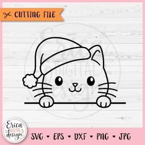 Weihnachten Katze SVG niedliche Katze Umriss geschnitten Datei Cricut Silhouette Spähen Katze mit Nikolausmütze Frohe Weihnachten Baby Shirt Bodysuit Eisen auf Vinyl