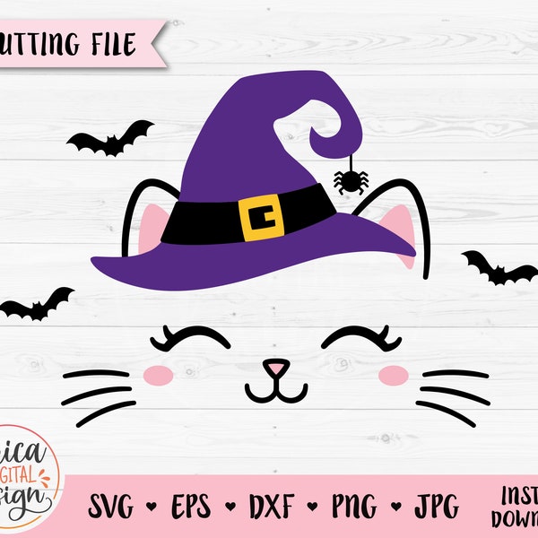 Halloween cat face svg cut file Witch cat head Cute cat with witch hat Fall Halloween shirt Kids Silhouette Cricut Vinyl Iron on Popular svg