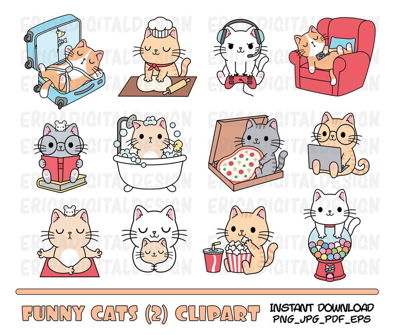 面白い猫のクリップアート かわいい猫のクリップアート かわいい子猫の落書き 子猫のアイコン ペットのイラスト 印刷可能なステッカー プランナー用品 商用ベクター 画像 1