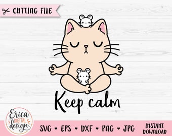 May include: A pink cat with closed eyes sits in a yoga pose with two white mice on its head. The text "Keep calm" is written below the cat.