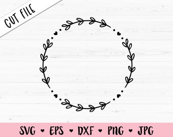 Laurel Wreath SVG Floral Round Monogram Frame Hearts Branch Leaves Wedding Engagement Graduation Christmas Valentine Silhouette Cricut Vinyl