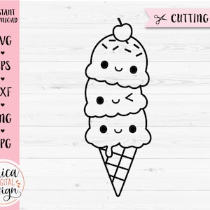 Eis umriss SVG Schnittdatei Dreifach Eistüte Sommer Party Strand Süß Essen Clipart Sweets Kids Shirt Silhouette Cricut Vinyl