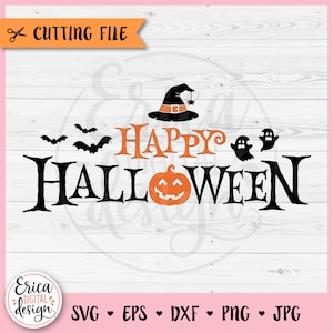 Feliz Halloween Sinal em camadas SVG arquivo de corte Cricut Silhouette Halloween Quote Clipart PNG Morcegos Fantasmas Chapéu de Bruxa Abóbora Decoração de Feliz Halloween