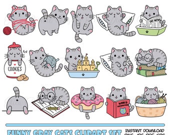 Gray cats Clipart Bundle Funny cute cat clip arts Kawaii kitten Kitty icons Pet illustrations Printable stickers Planner supplies Commercial