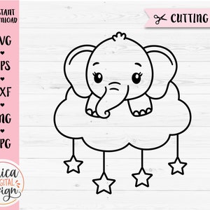 Bébé Eléphant SVG Eléphant sur Nuage Contour fichier coupé Baby Shower Garçon Fille Bodysuit Nursery Nouveau-né Silhouette Cricut Vinyle Gravure laser
