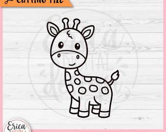 May include: Black and white line art of a cartoon giraffe with spots. The image includes the text "CUTTING FILE" in an orange banner and the Erica Digital Design logo. File formats include SVG, EPS, DXF, PNG, and JPG.