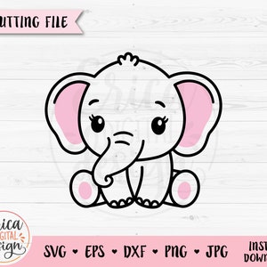 Bébé Eléphant SVG Mignon Eléphant Contour fichier Baby Shower Fille Garçon Chemise Bodysuit Kawaii Animal Silhouette Cricut Vinyle Gravure Laser