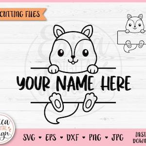 Eichhörnchen Namensrahmen SVG geschnitten Datei Cricut Silhouette Woodland Namensschild Split Monogramm Schüler Namensschild Schule Klassenzimmer Etikett Eisen auf Vinyl