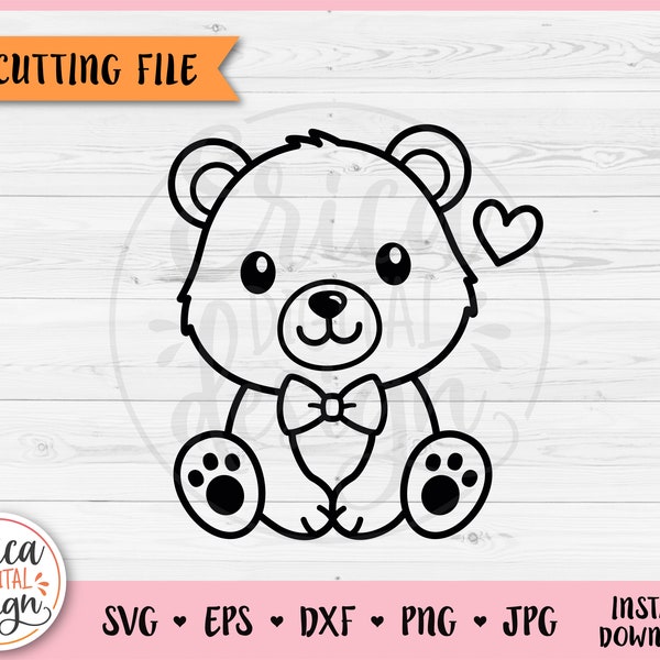 Baby Bear Outline SVG cut file for Cricut Silhouette Cute Teddy Bear Baby Shower Boy Shirt Bodysuit Kawaii PNG Iron on Vinyl Laser Engraving