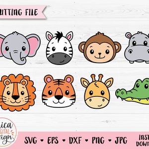 Safari animal caras SVG Linda jungla africano animal cabeza cortada archivo Cricut Silueta Elefante León Tigre Hippo Jirafa Cebra Mono Cocodrilo