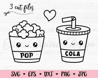 Popcorn & Cola SVG geschnitten Datei Kawaii Essen perfekte Match Freundschaft beste Freundin Liebe Valentine Kino Liebhaber Silhouette Cricut Vinyl Aufkleber Shirt