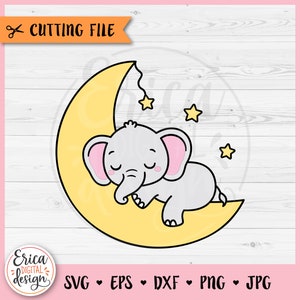 Bebé elefante SVG Elefante durmiente en la luna Archivo de corte en capas Cricut Silueta Lindo Elefante Clipart Bebé Ducha Niño Niña Body Vivero