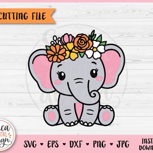Meisje olifant bloem kroon SVG schattig bloemen olifant gesneden bestand Cricut silhouet baby dier clipart PNG meisje shirt baby bodysuit Kawaii vinyl