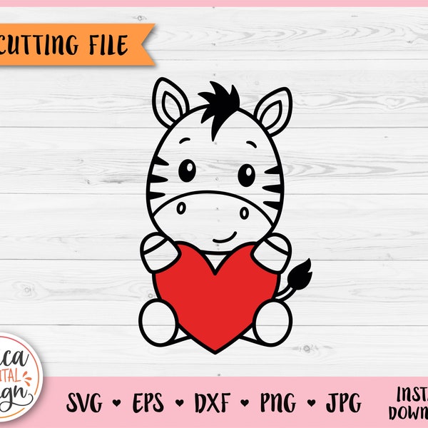 Zebra with Heart SVG Cute baby zebra outline cut file for Cricut Silhouette Jungle Safari Zoo Animal PNG Baby shower Kids Laser engraving