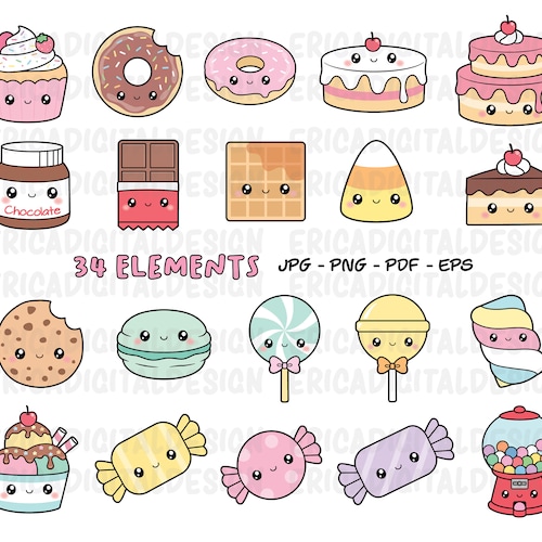 Kawaii Sweets Clipart Cute Sweet Candy Clipart Food Cake Donut - Etsy